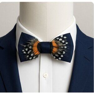Boys dark Blue Raw Silk Bow Tie with Feathers Adjustable pre-tied vintage